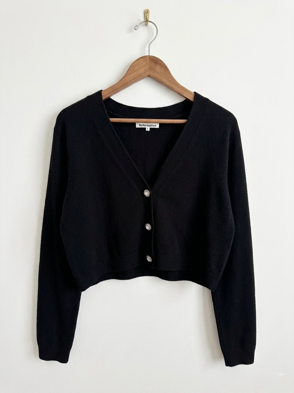 Reformation Black Cropped V-Neck Cardigan with Rhinestone Buttons